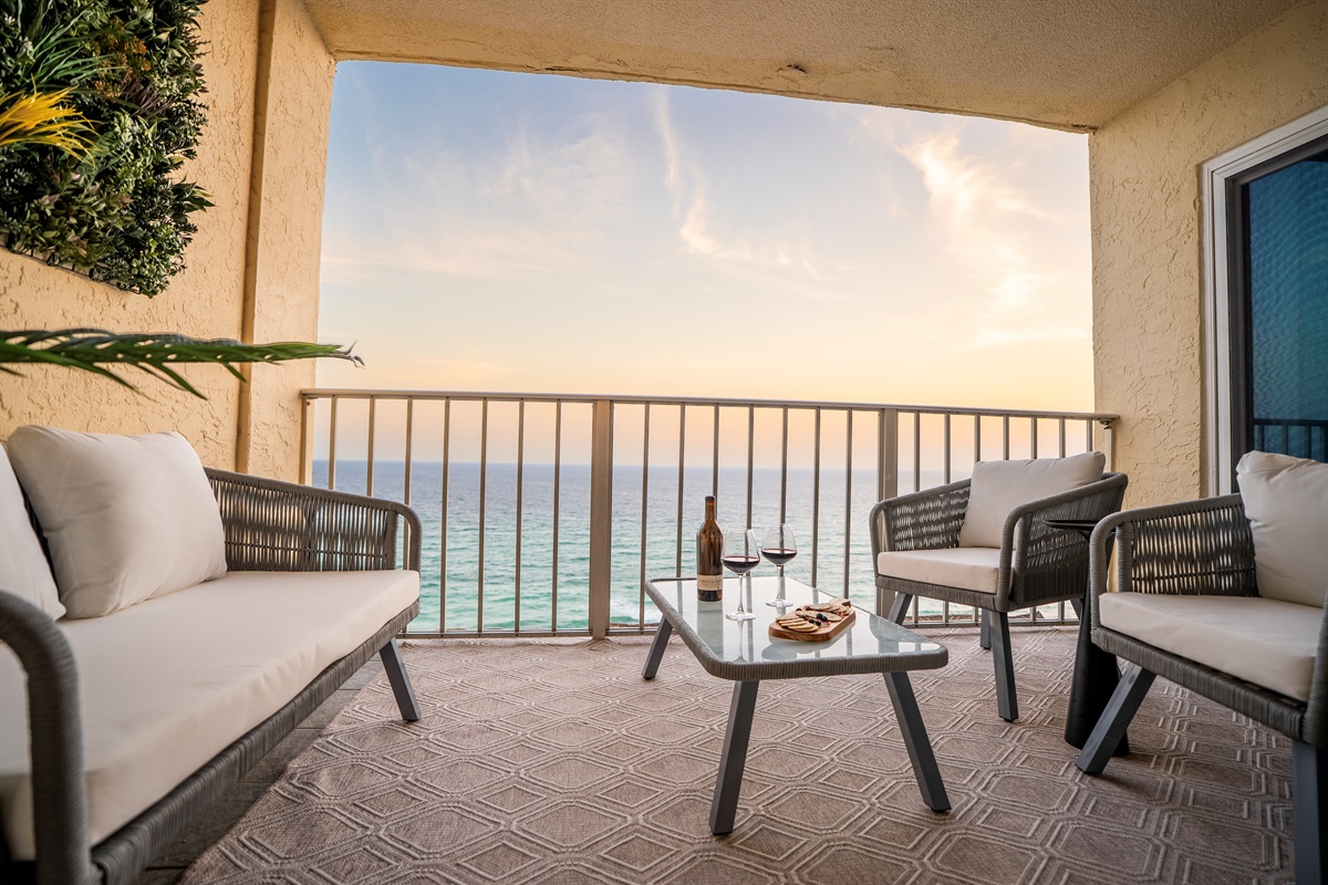 A Gulf-front balcony at sunset in Panama City Beach