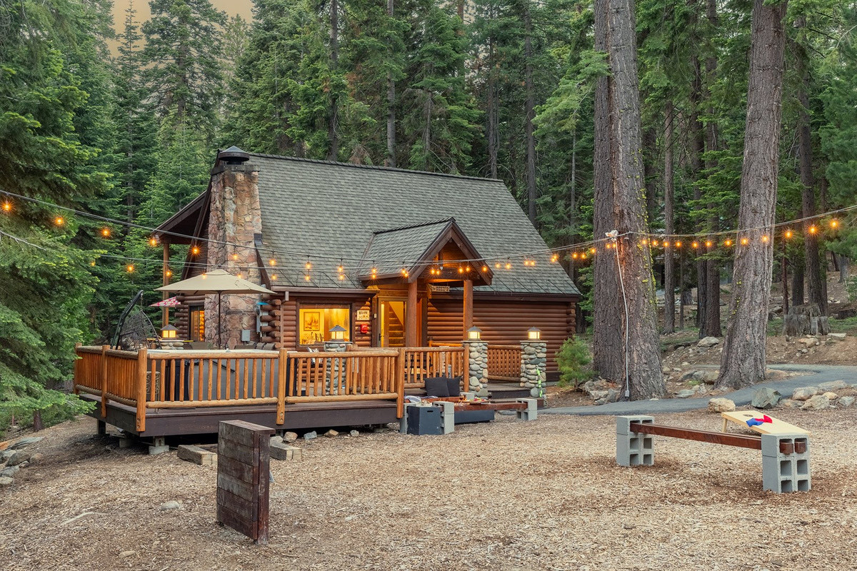 Tahoe Bound log cabin at dusk