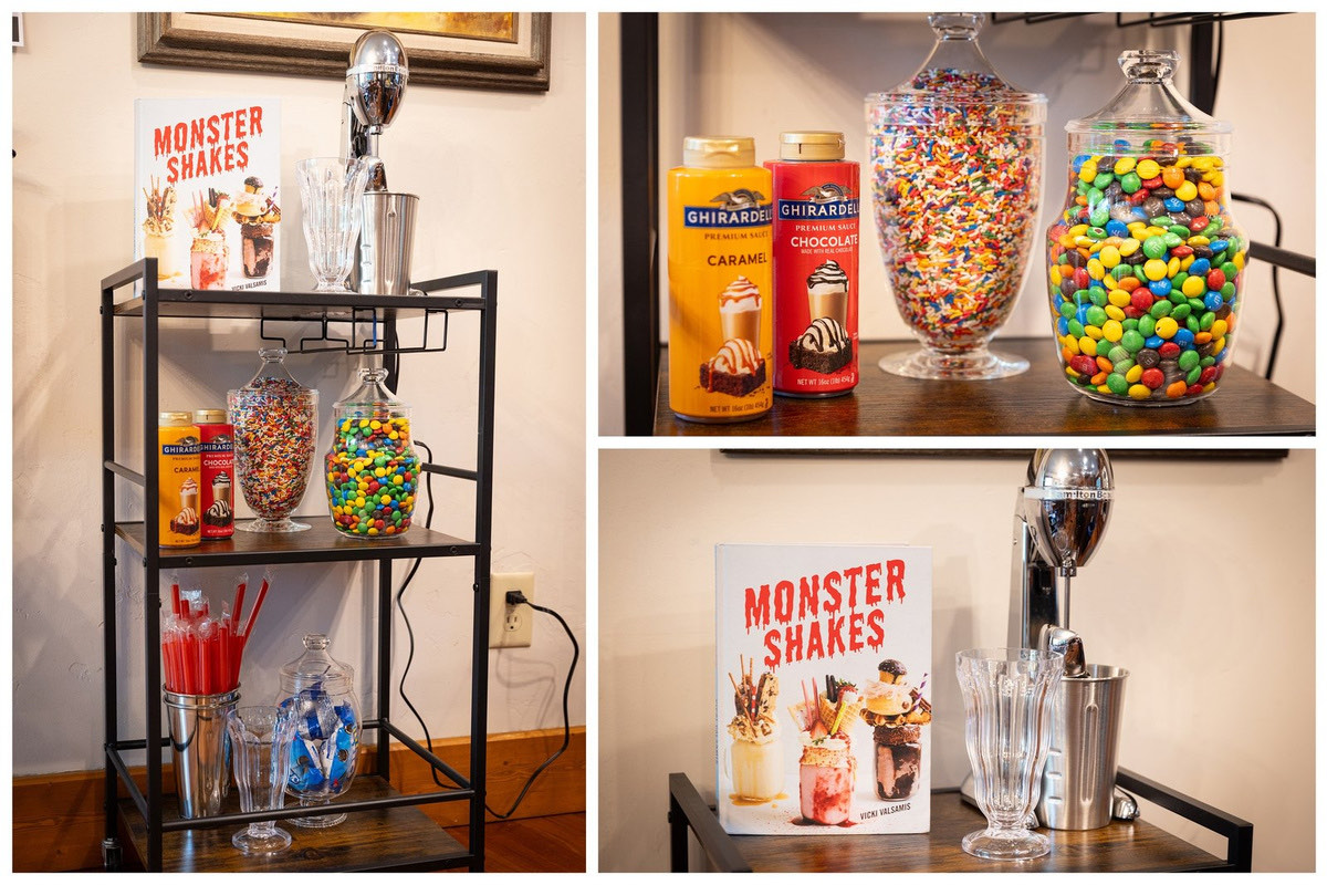 Blend a round at the milkshake bar — malt mixer, candy jars, and the Monster Shakes menu the kids will make you read twice.